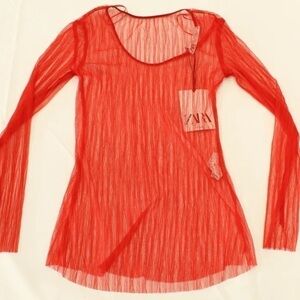 Zara Women's Long Sleeve Scoop Neck Sheer Tulle Top Red Medium NWT - Retail $50